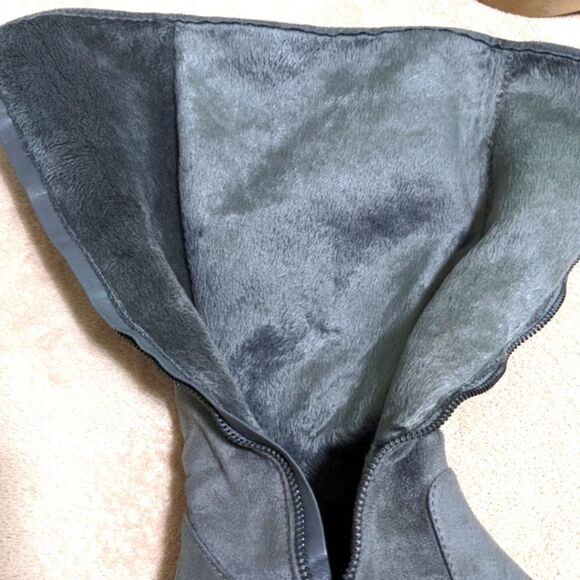 Grey Suede Boots Wide Calf w/ Braided Tassel Wood Stack Heel - Like New - Picture 7 of 12